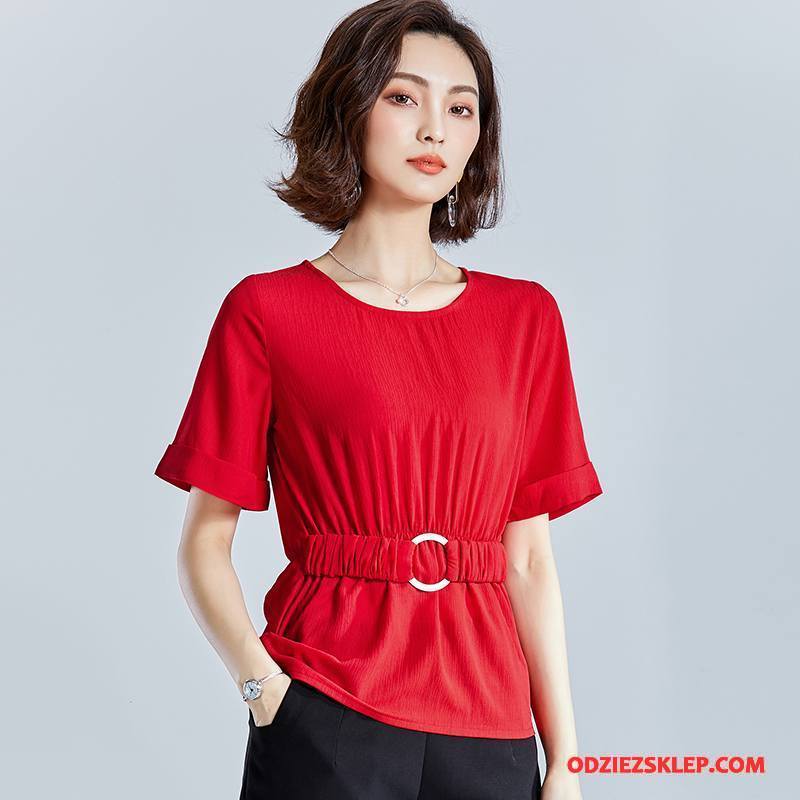 Damskie Koszulki Krótki Rękaw Plisowana Pullover Moda Rękawy 2018 Czysta Czerwony Kup