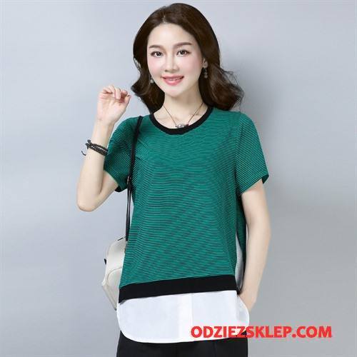 Damskie Koszulki Lato Krótki Rękaw Bawełniane Moda Szerokie Okrągły Dekolt Mieszane Kolory Zielony Kup