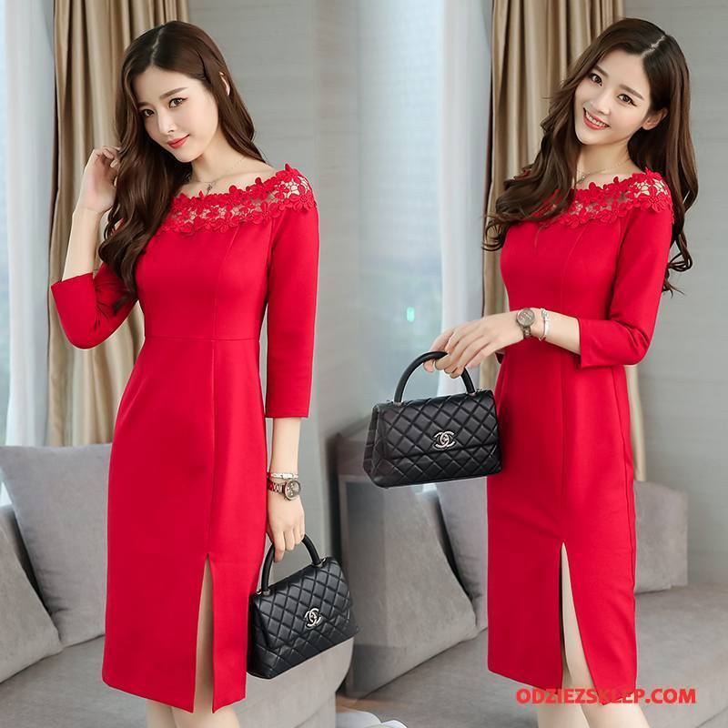 Damskie Sukienka Duże 2018 Cienkie Moda Rękawy Długie Czysta Czerwony Sprzedam