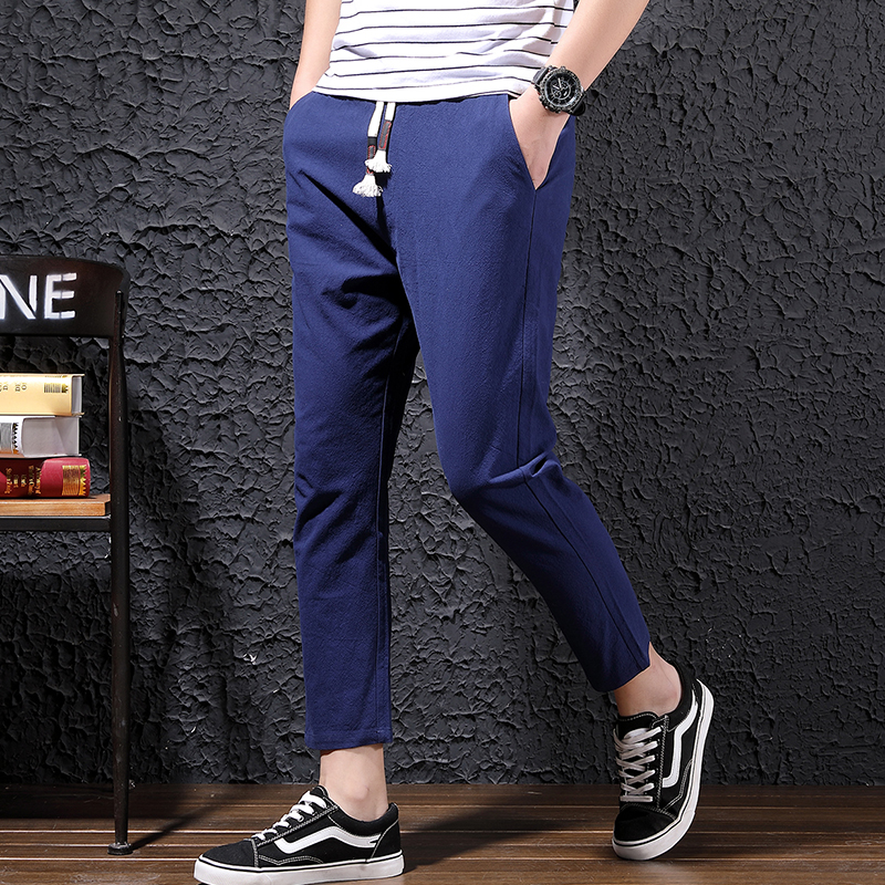 Męskie Casualowe Spodnie Sznurowane Nastolatek Slim Fit Tendencja Moda Lato Czysta Niebieski Online