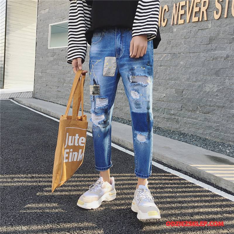 Męskie Jeansy Slim Fit Z Łatami Tendencja Dżinsy Ołówkowe Spodnie Męska Niebieski Na Sprzedaż