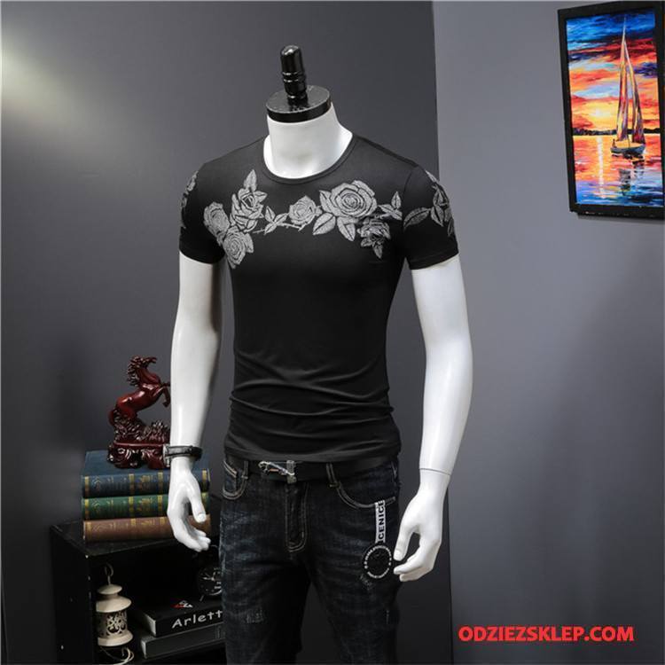 Męskie Koszulki Slim Fit Elastyczne Wysoki Tendencja Etniczne T-shirt Róża Czarny Online