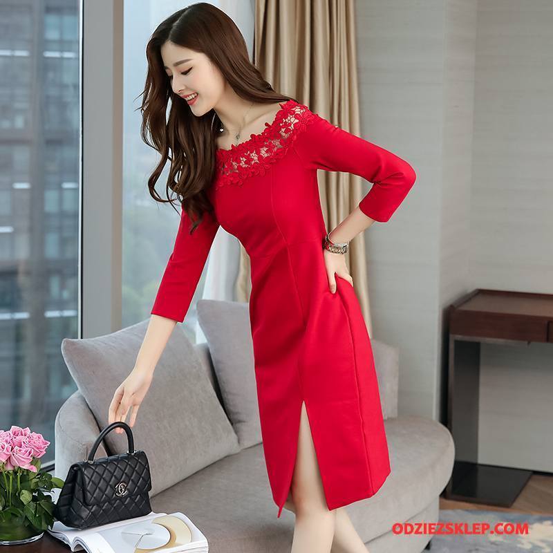 Damskie Sukienka Duże 2018 Cienkie Moda Rękawy Długie Czysta Czerwony Sprzedam