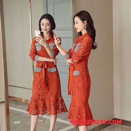 Damskie Sukienka Pullover Eleganckie Kieszenie Szycie Długi Rękaw Tendencja Czysta Czerwony Sklep