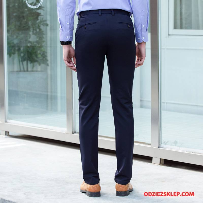 Męskie Casualowe Spodnie Męska Elastyczne Biznes Slim Fit Ołówkowe Spodnie Proste Niebieski Tanie