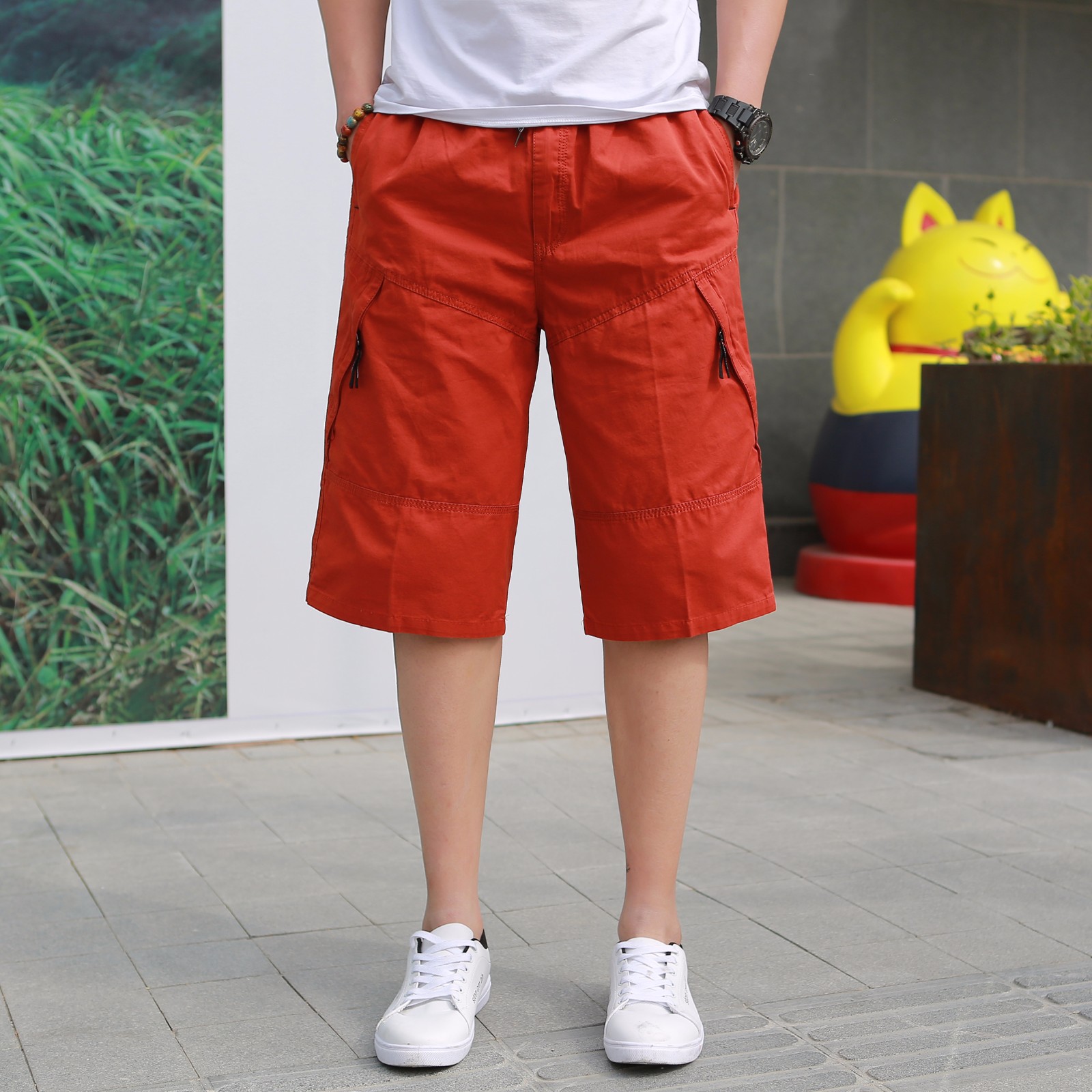 Męskie Casualowe Spodnie Męska Spodnie Capri Młodzież Szorty Duży Rozmiar W Średnim Wieku Czerwony Na Sprzedaż