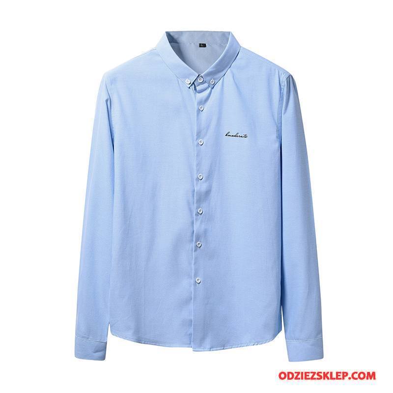 Męskie Koszula Długi Rękaw Sukienka Slim Fit Biurowe Młodzież Męska Czysta Niebieski Na Sprzedaż