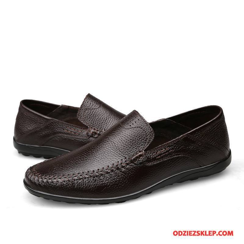 Męskie Mokasyny Buty Oddychające Skórzane Buty Slip On Casual Loafers Brązowy Dyskont