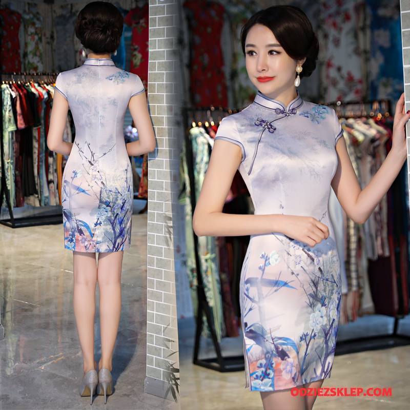 Damskie Cheongsam Cienkie Eleganckie Gazy Lato Slim Fit Sukienka Czysta Niebieski Sprzedam