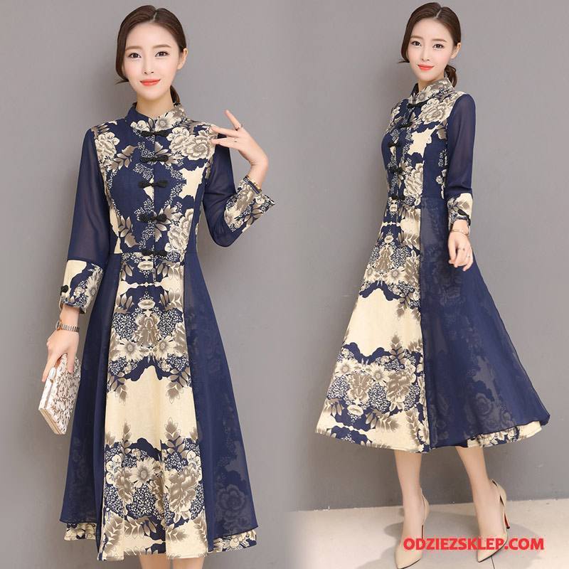 Damskie Cheongsam Eleganckie Sukienka Casual Długie Swag Szerokie Ciemno Niebieski Online