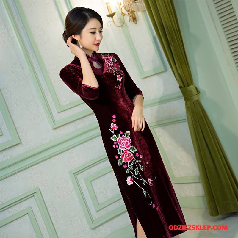 Damskie Cheongsam Jesień Cienkie Eleganckie Slim Fit Sukienka Długi Rękaw Czerwony Tanie