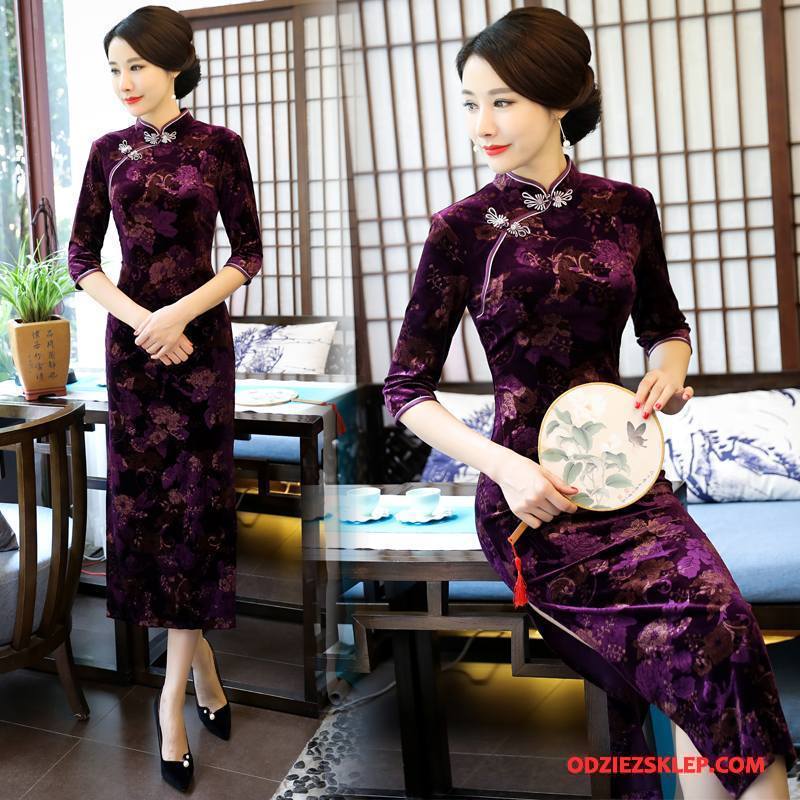 Damskie Cheongsam Moda 2018 Proste Cienkie Długie Zima Fioletowy Kupię