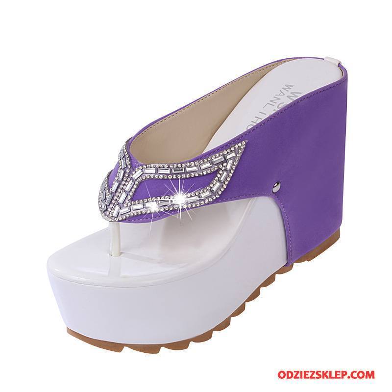 Damskie Japonki Wysokie Obcasy Wedge Super Z Grubą Podeszwą Lato Rhinestone Fioletowy Tanie