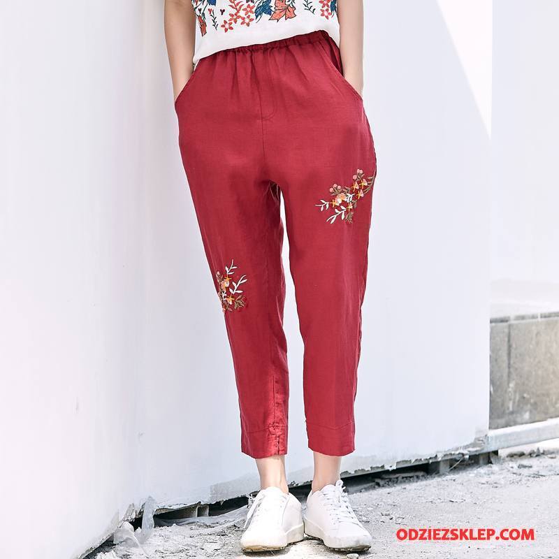 Damskie Spodnie Sznurowane Moda Eleganckie Elastyczne Lato Kieszenie Czerwony Tanie