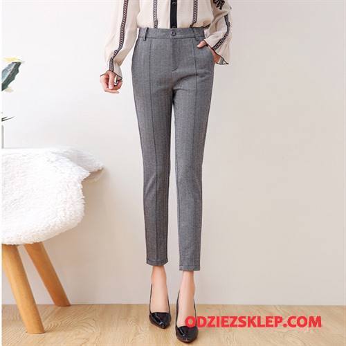 Damskie Spodnie Wiosna Kieszenie Slim Fit Eleganckie 2018 Cienkie Czysta Szary Jasny Tanie