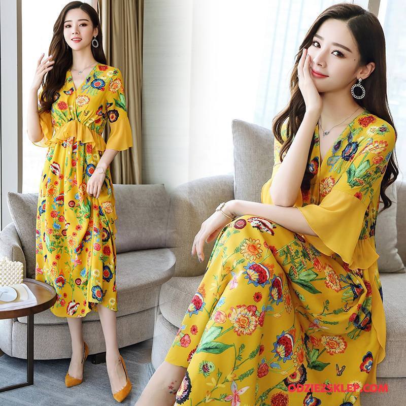 Damskie Sukienka Moda Długie Casual Tendencja Eleganckie Kwiatowa Żółty Sklep