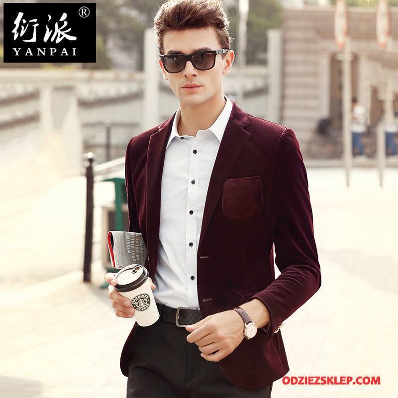 Męskie Blezer Casual Jesień Młodzież Garnitur Płaszcz Slim Fit Burgund Na Sprzedaż