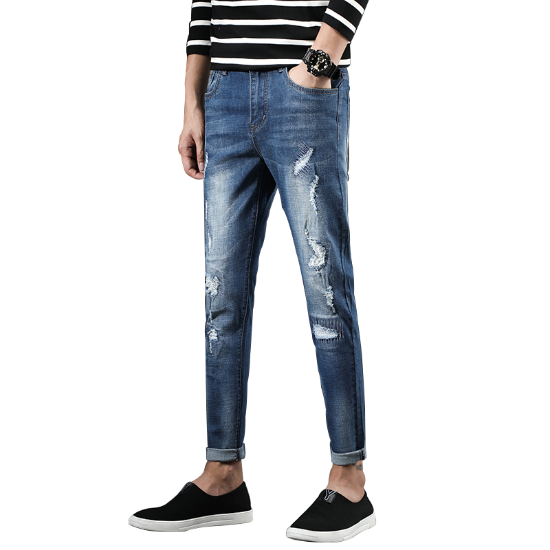 Męskie Jeansy Jesień Denim Męska Z Dziurami Slim Fit Dżinsy Niebieski Kup