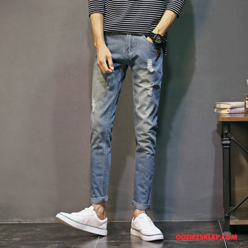 Męskie Jeansy Moda Z Dziurami Męska Spodnie Slim Fit Denim Niebieski Tanie