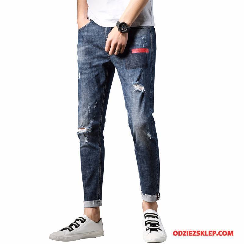 Męskie Jeansy Spodnie Z Dziurami Slim Fit Cienkie Tendencja Mały Jasny Niebieski Oferta