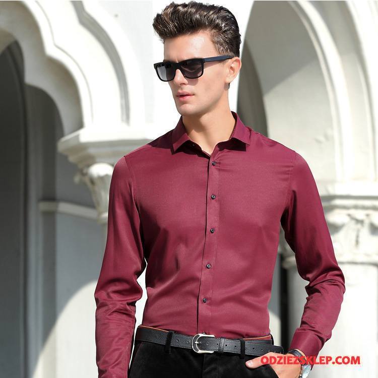 Męskie Koszula Slim Fit Młodzież Biznes Długi Rękaw Casual Burgund Online